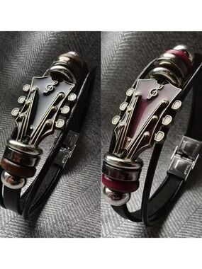 NWT Vintage Guitar Headstock Bracelet Muscian Jewerly Vegan Leather 2 Colors